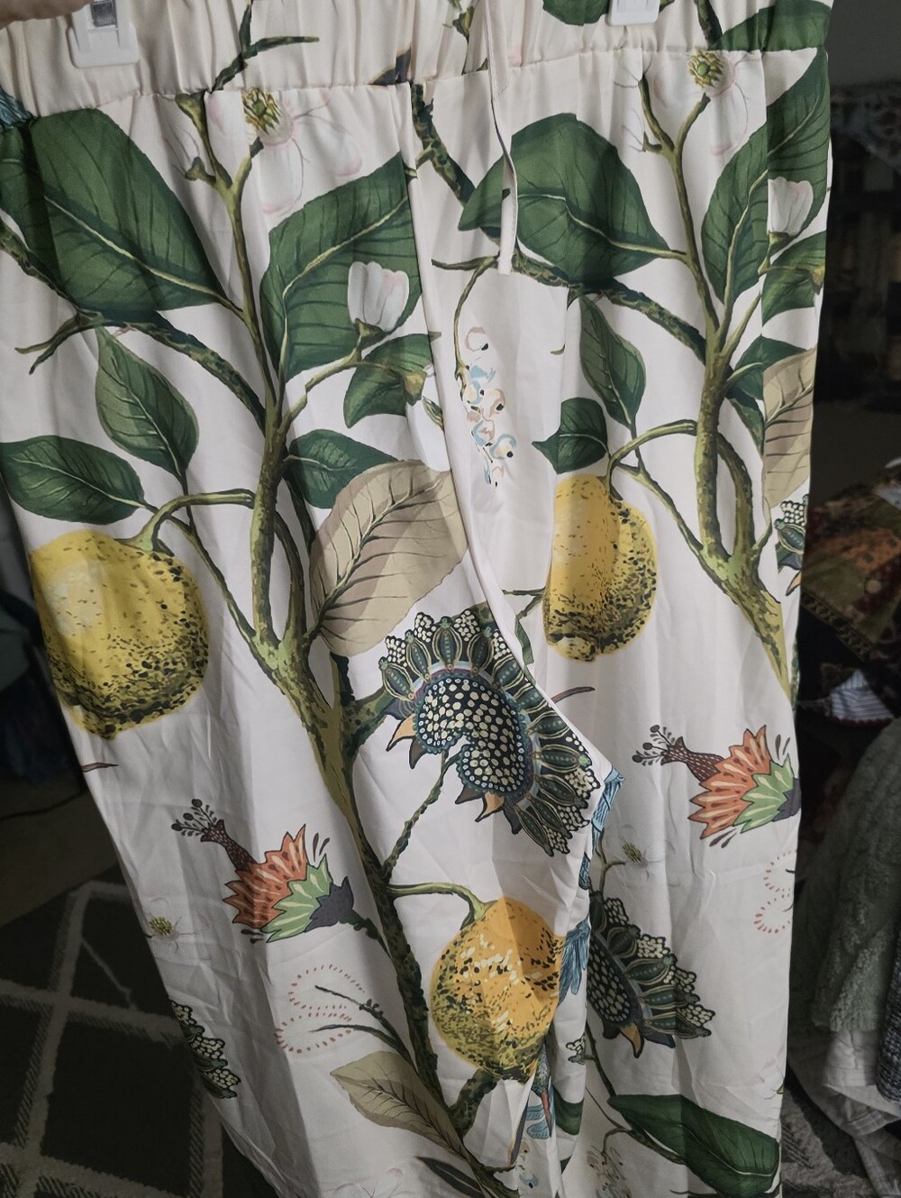 Botanical Lemon Print Curtain Panel in White, Green and Yellow